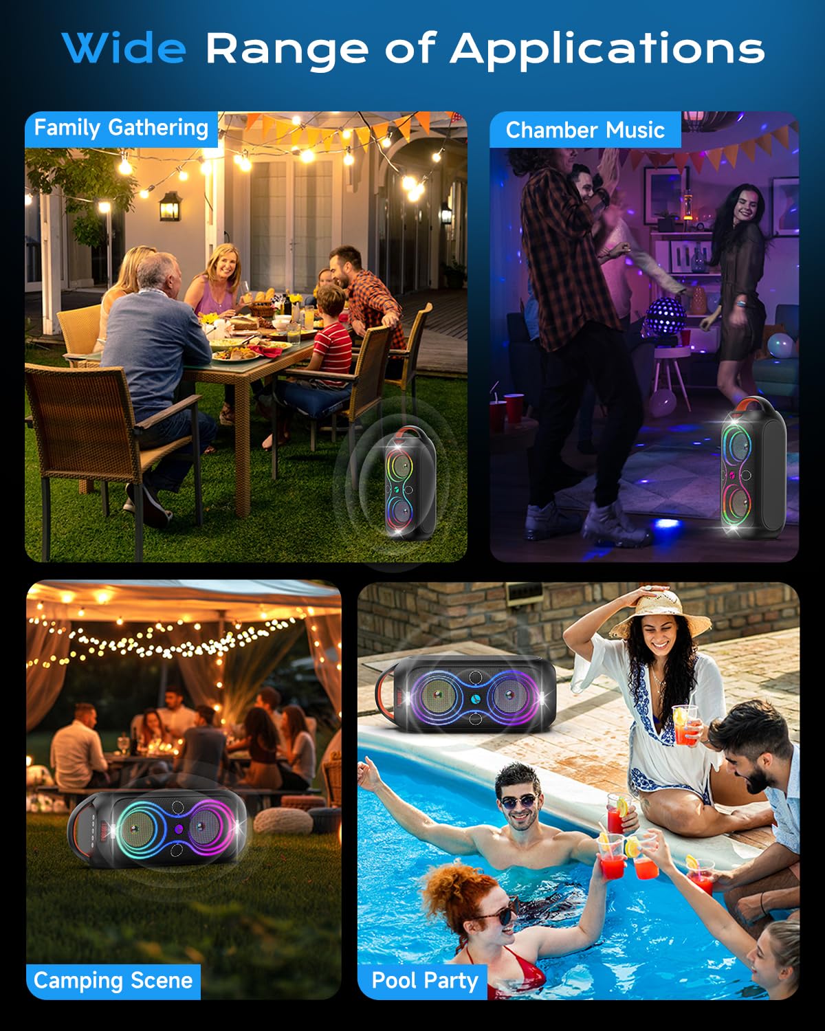 Party Bluetooth Speaker with Dual 4" Woofers, 60W Peak Power, 12H Playtime, Dynamic LED Lights, TWS, FM, AUX, USB, Mic Input, Portable Rechargeable Speaker for Indoor & Outdoor Events -Updated Version C98382