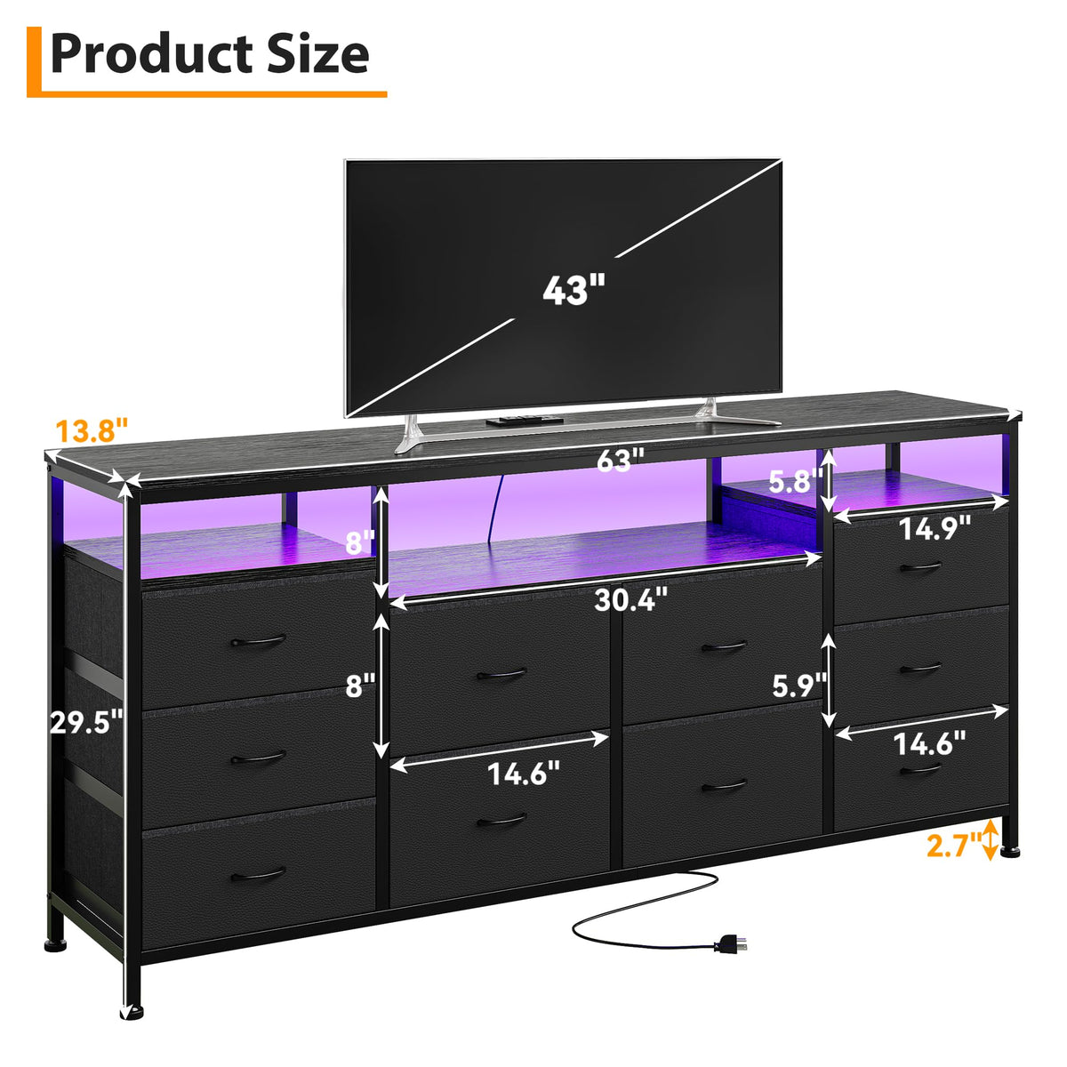 Black 10 Drawer Fabric Dresser with LED Lights & Charging Ports U5041