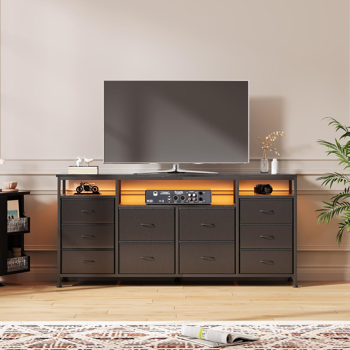 Black 10 Drawer Fabric Dresser with LED Lights & Charging Ports U5041