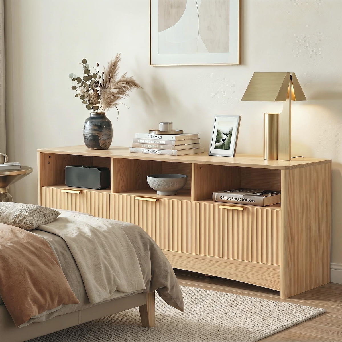 59″ Wide 3 Drawer TV Stand with Open Shelves, Natural Oak D430