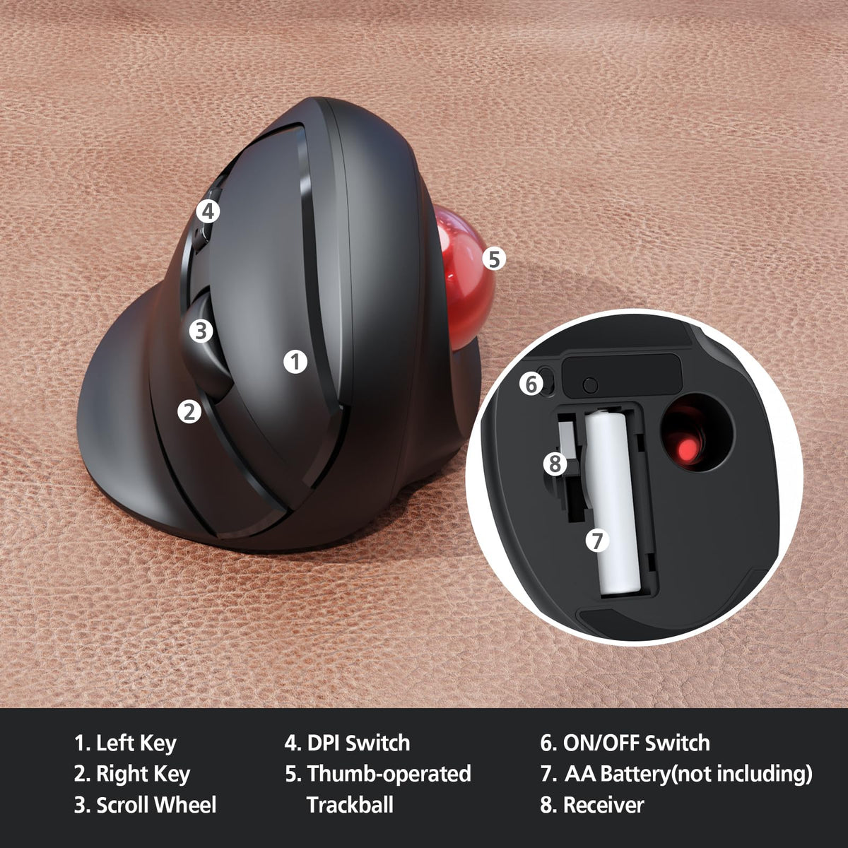 Wireless Ergonomic Trackball Mouse, 3 Adjustable DPI, Black F600484