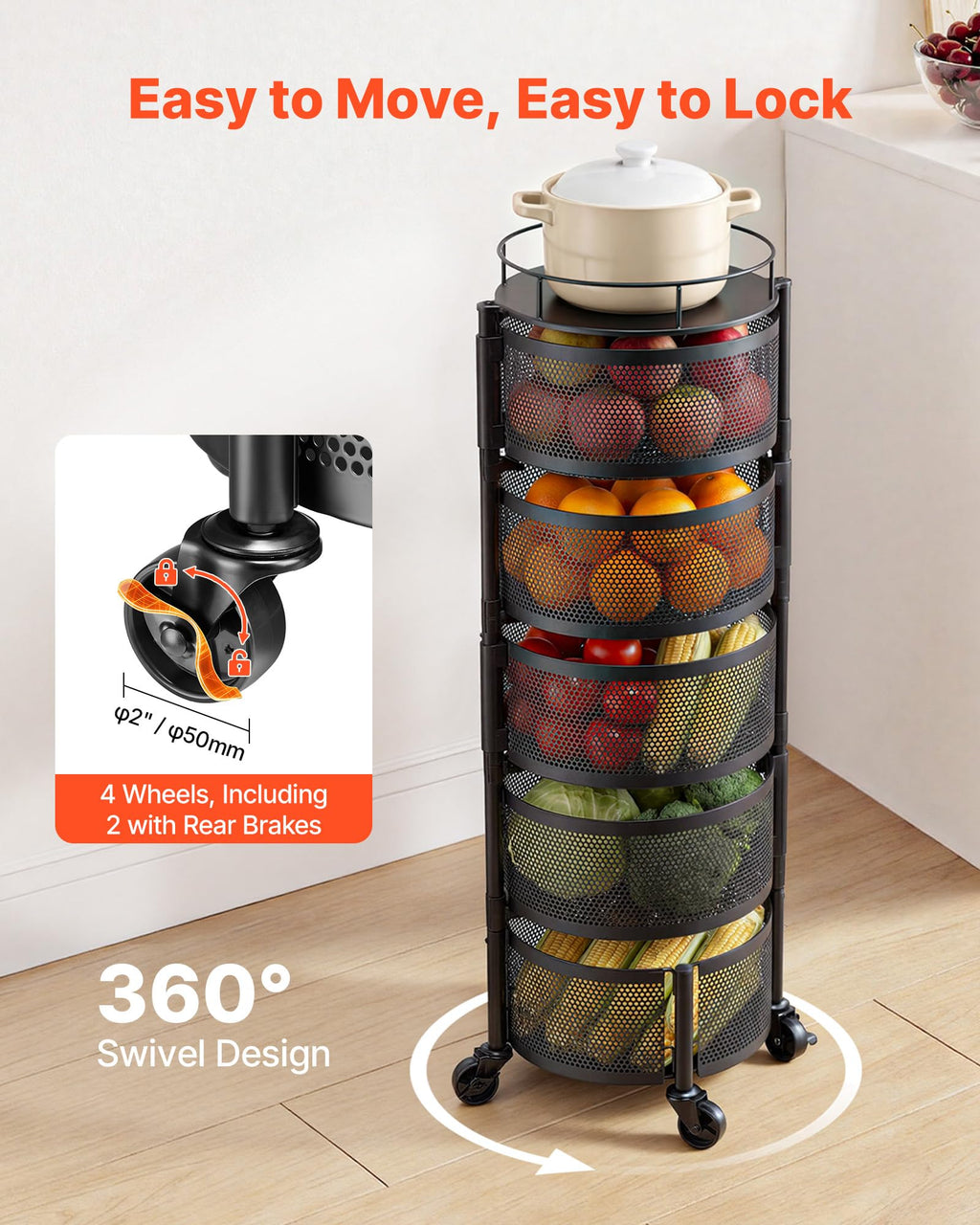 5 Tier Rotating Storage Rack Cart on Wheels, Black V258