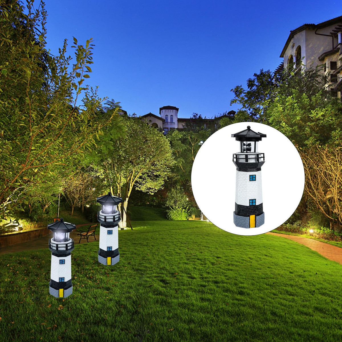 Black and White Resin Solar-Powered LED Lighthouse Garden Light M8054