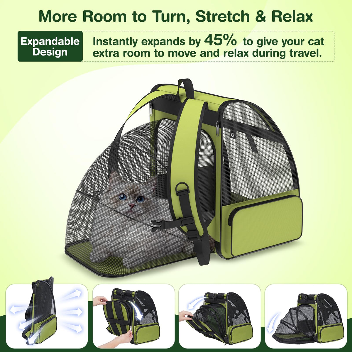 Green Expandable Breathable Mesh Cat Backpack Carrier C360