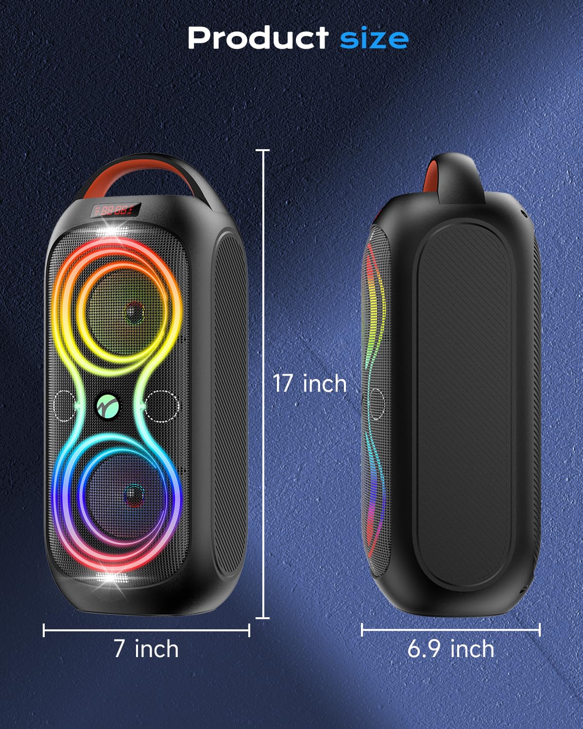 Party Bluetooth Speaker with Dual 4" Woofers, 60W Peak Power, 12H Playtime, Dynamic LED Lights, TWS, FM, AUX, USB, Mic Input, Portable Rechargeable Speaker for Indoor & Outdoor Events -Updated Version C98382