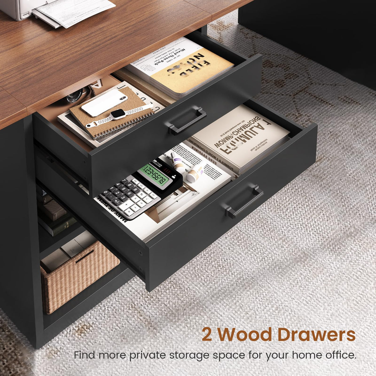 90.5" 2 Person Computer Desk with Storage Drawers Black U54369