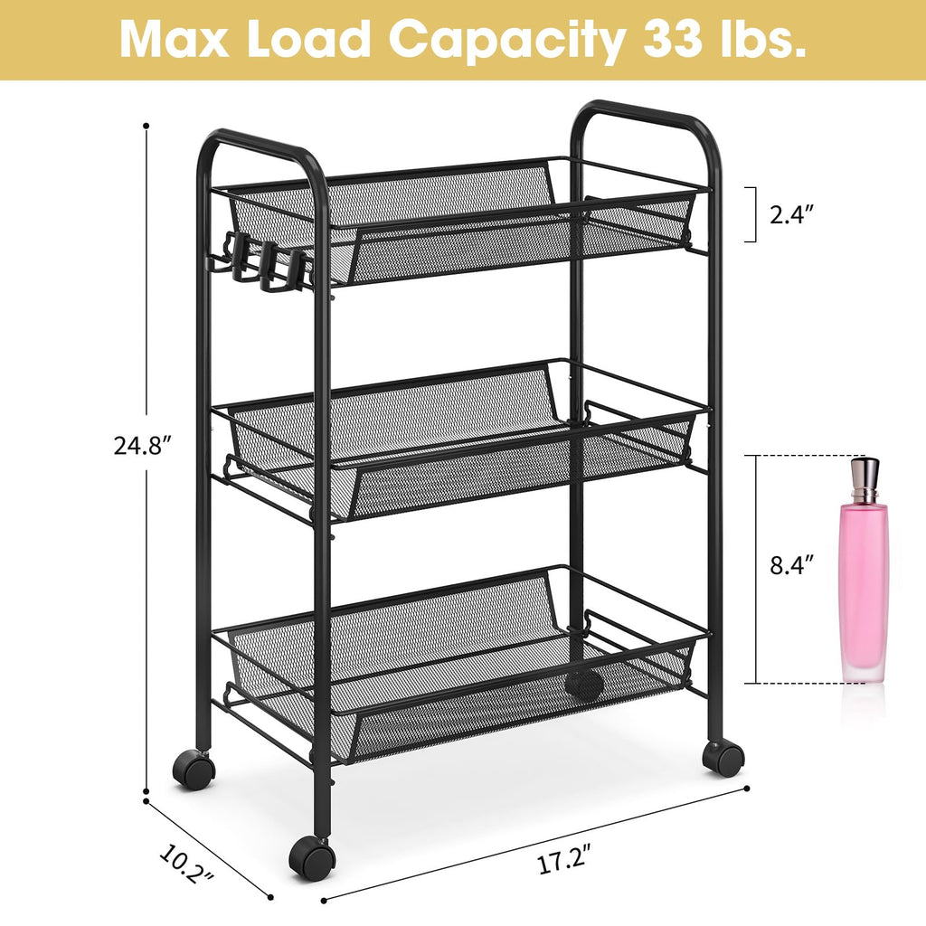 3 Tier Rolling Metal Storage Cart with Wheels, Black T17494