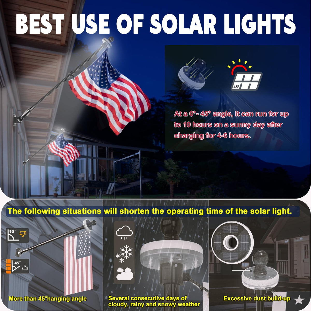 2 Pack 6FT Black Stainless Steel Flag Pole Kit with Solar Light T5828