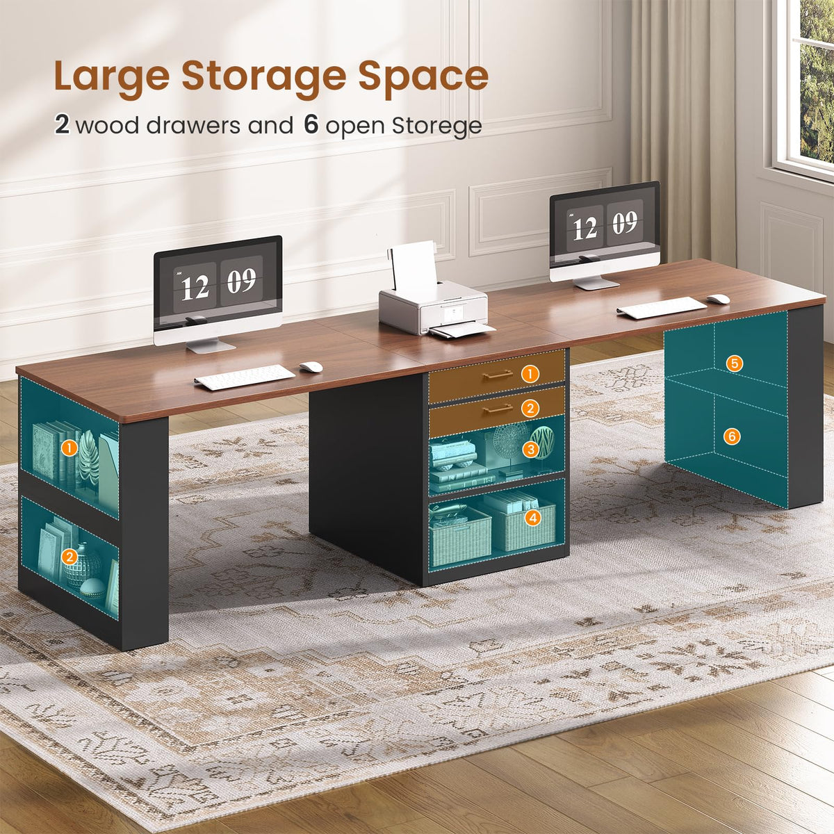 90.5" 2 Person Computer Desk with Storage Drawers Black U54369