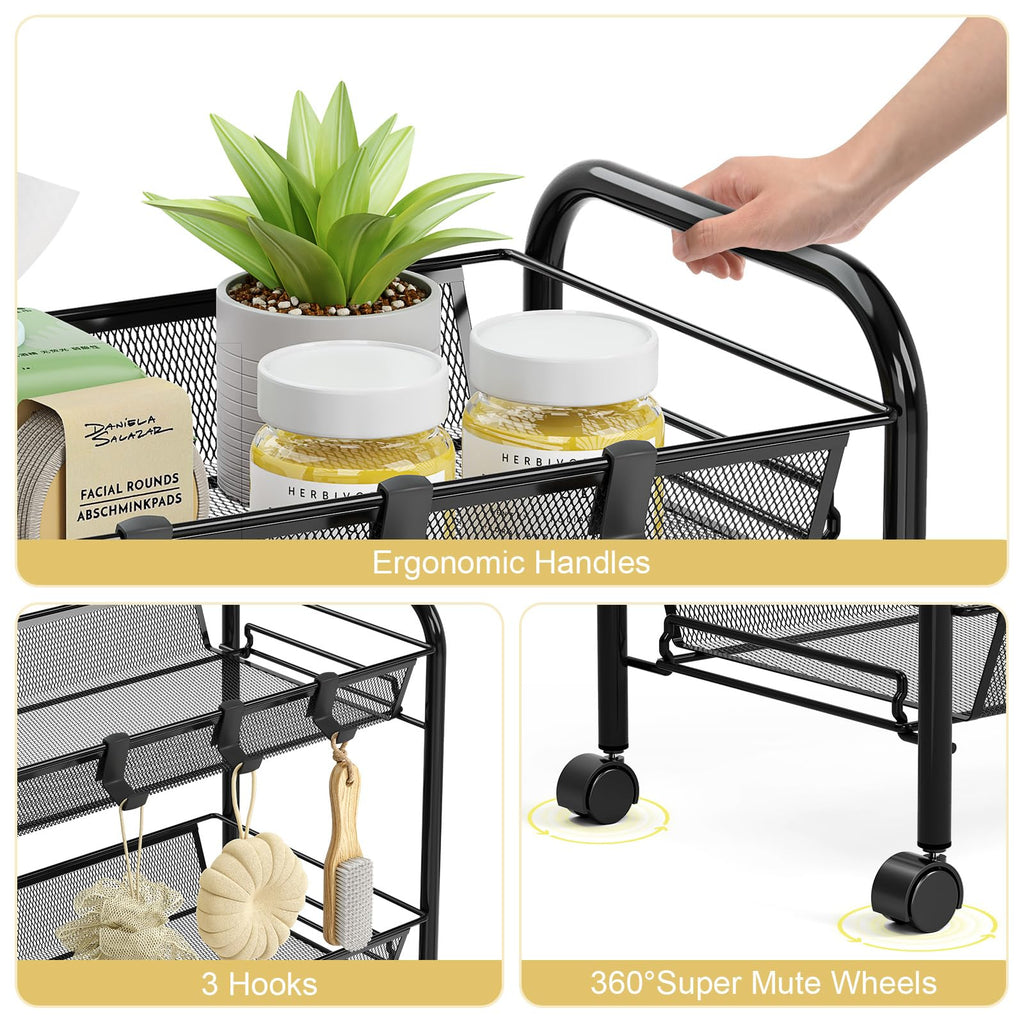 3 Tier Rolling Metal Storage Cart with Wheels, Black T17494