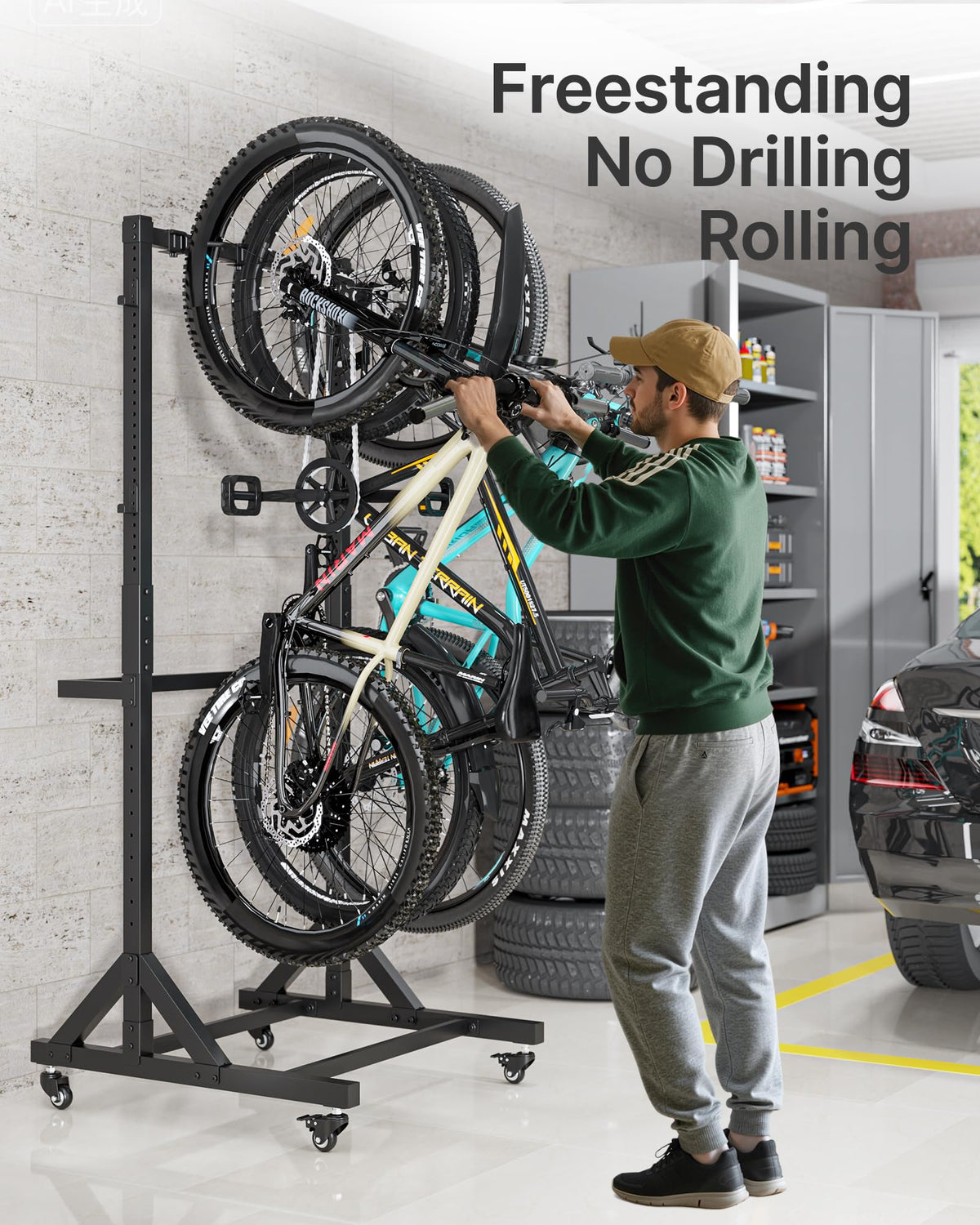 Freestanding Bike Storage Rack with Wheels for 3 Bikes C3648