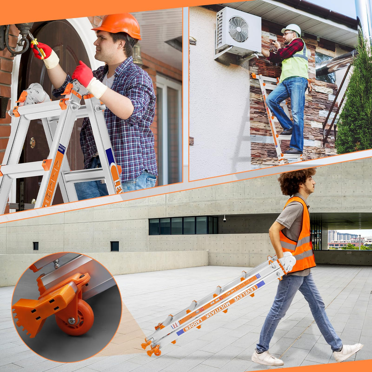 Telescoping A Frame Ladder, 17FT Multi Position Ladder with Stabilizer Bar & Wheels Z32019