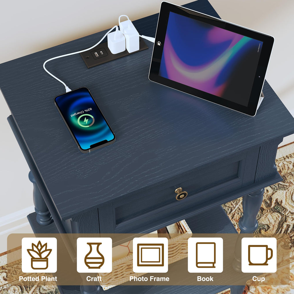 Blue Nightstands Set of 2 with Charging Station & Storage Shelf Q19259