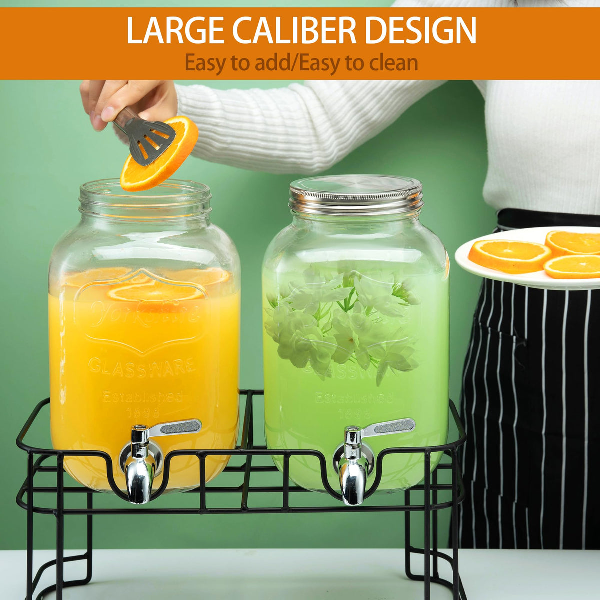 1 Gallon Glass Beverage Dispenser with Stand, Ice Cylinder and Stainless Steel Spigot, 2 Pack W661675