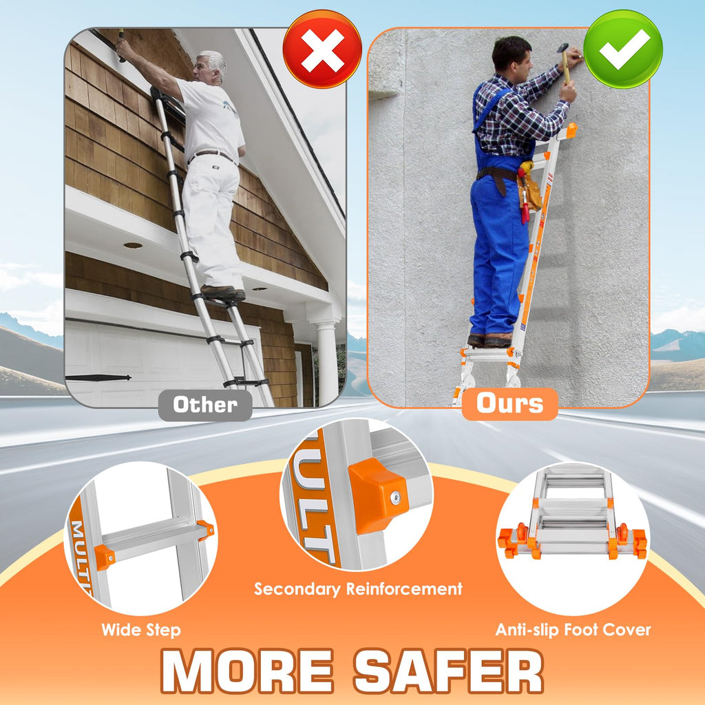 Telescoping A Frame Ladder, 17FT Multi Position Ladder with Stabilizer Bar & Wheels Z32019