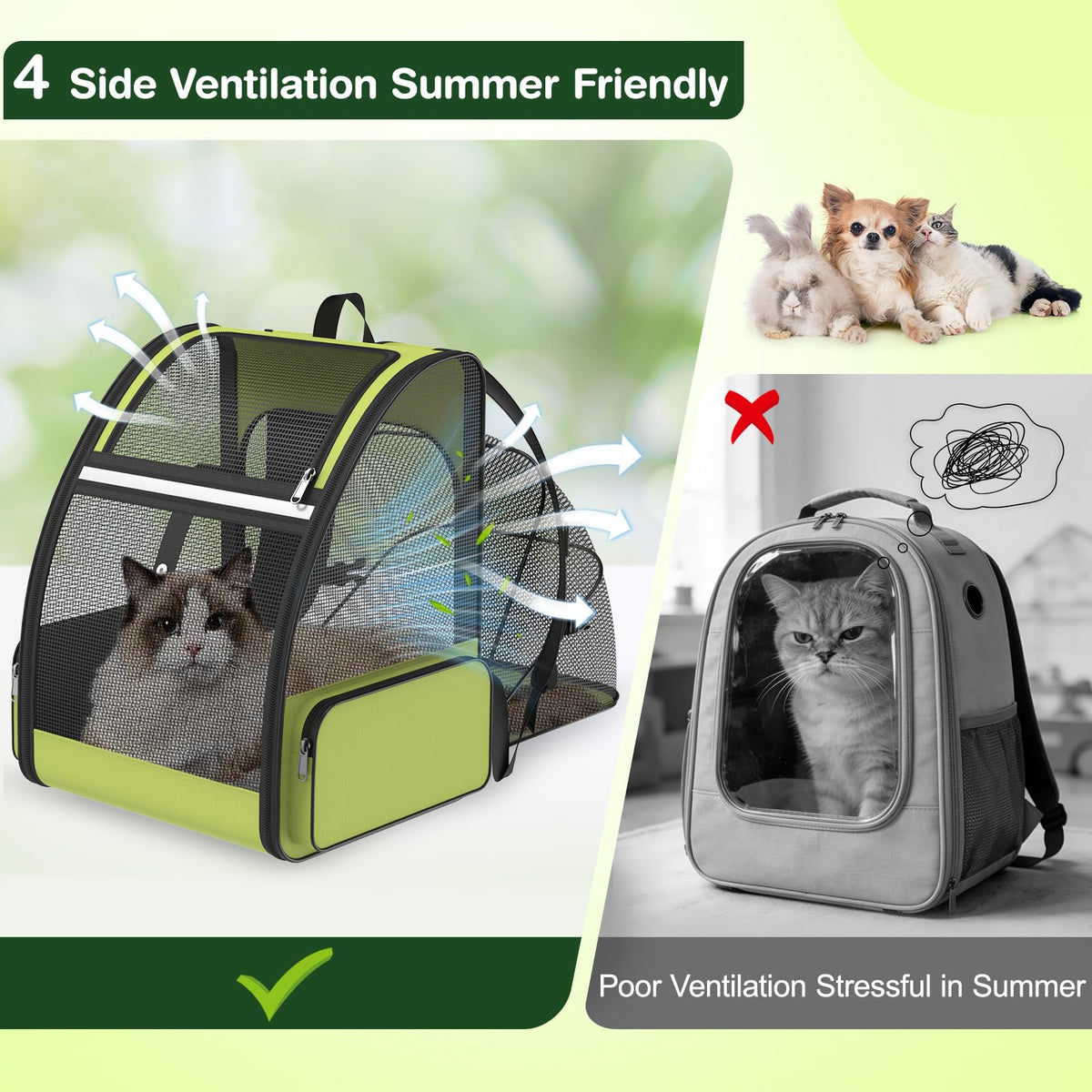Green Expandable Breathable Mesh Cat Backpack Carrier C360