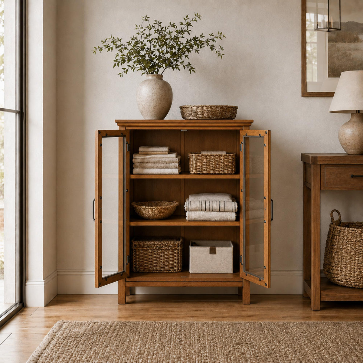 Wooden Freestanding Floor Cabinet with 2 Adjustable Shelves and 2 Glass Paneled Doors W873