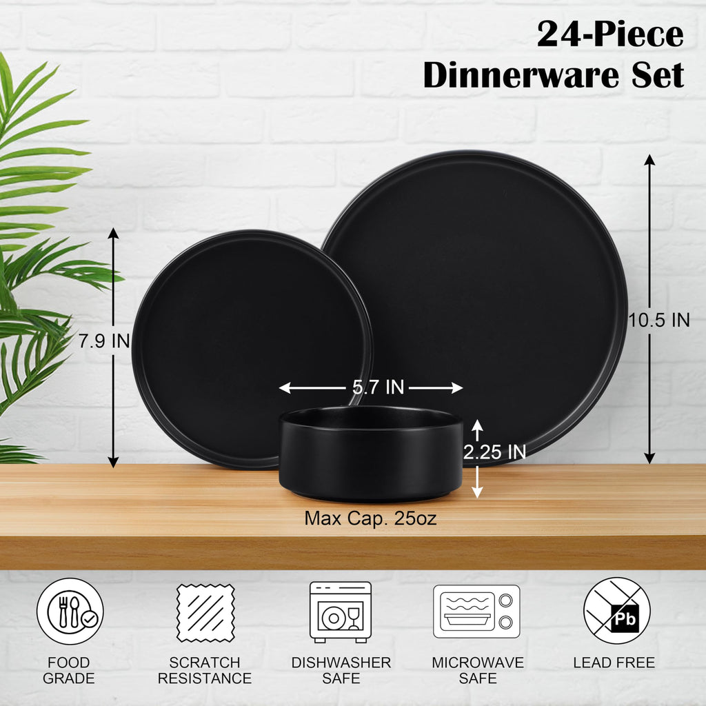 Black 24-Piece Stoneware Dinnerware Set for 8 Y535