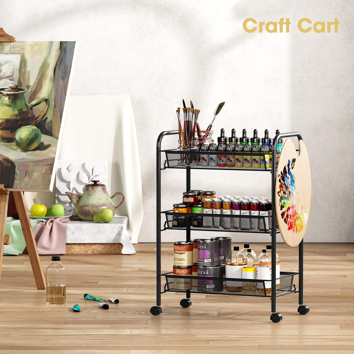 3 Tier Rolling Metal Storage Cart with Wheels, Black T17494