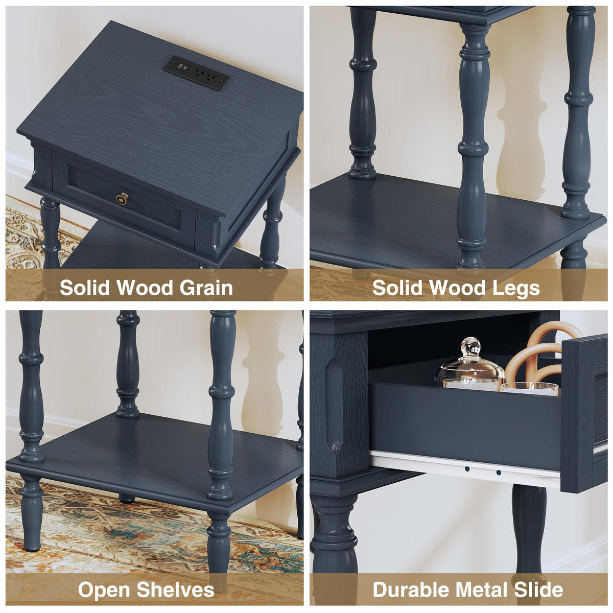 Blue Nightstands Set of 2 with Charging Station & Storage Shelf Q19259