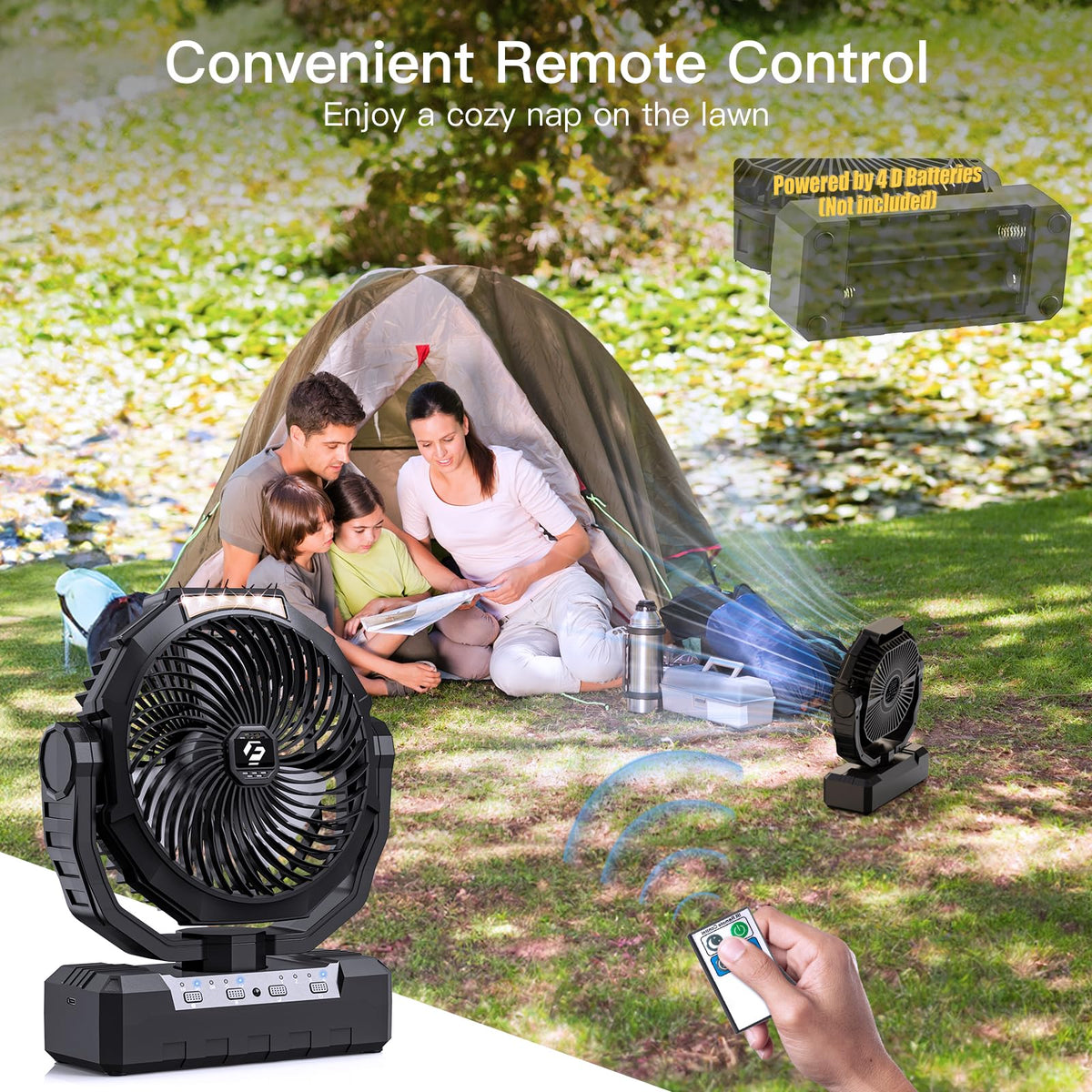 Battery Operated Portable Camping Fan with 4 Speeds, Light, Timer, Remote - Black I66392
