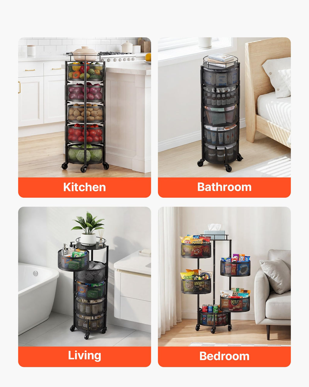 5 Tier Rotating Storage Rack Cart on Wheels, Black V258