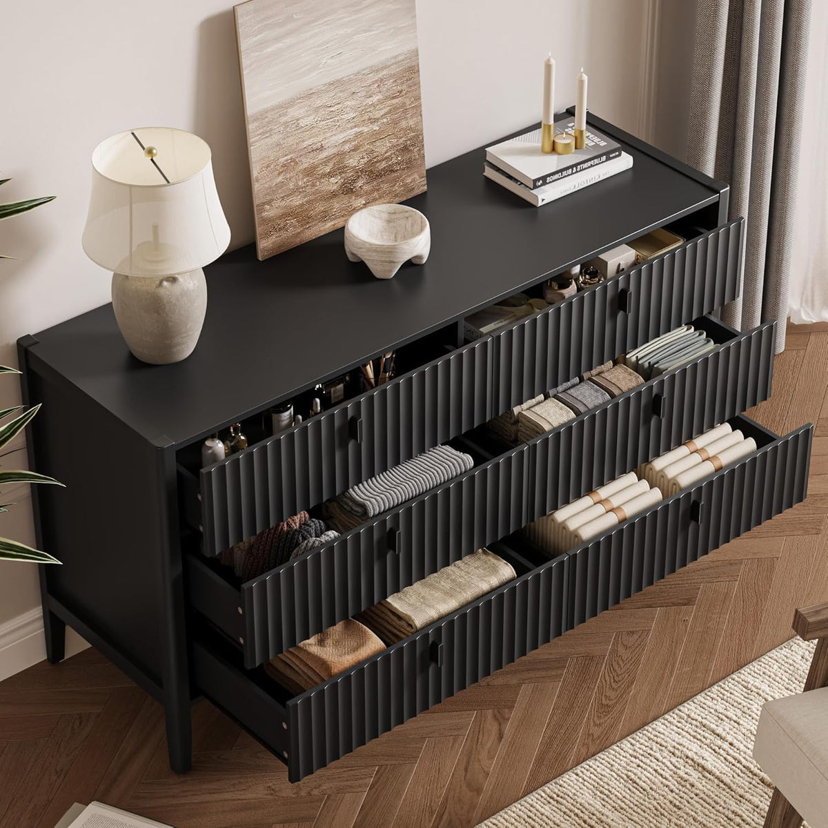 Black 6 Drawer Wood Dresser O691844