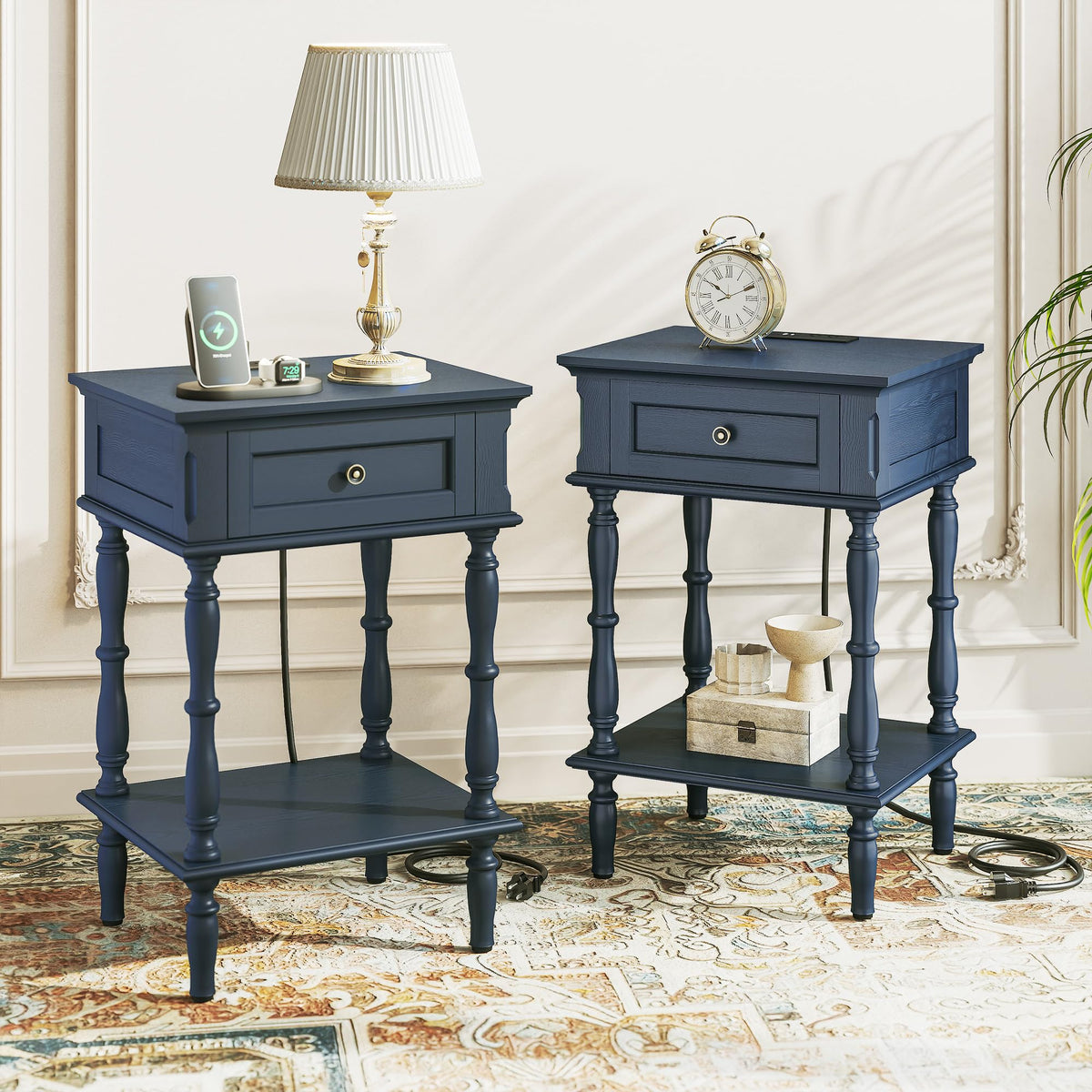 Blue Nightstands Set of 2 with Charging Station & Storage Shelf Q19259