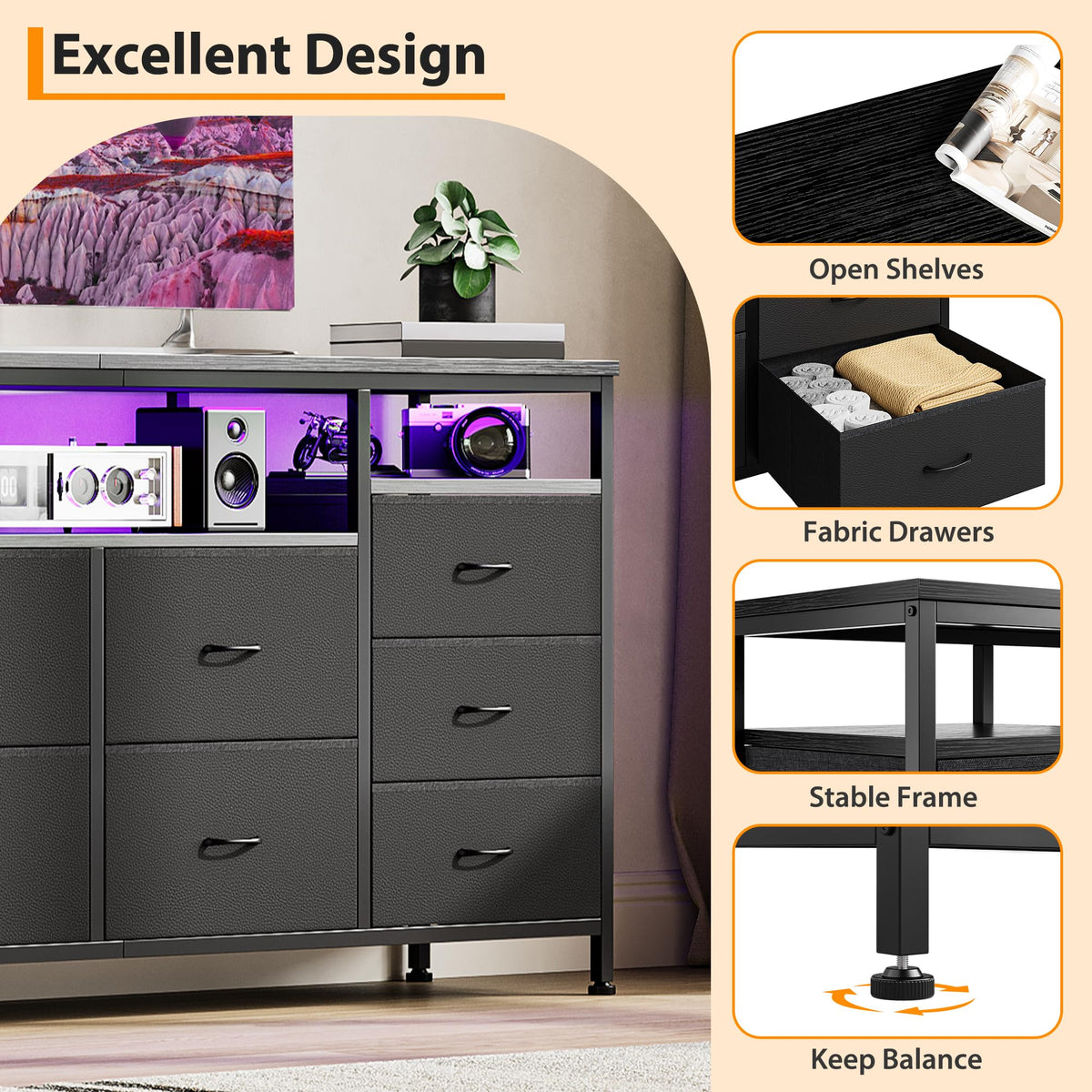 Black 10 Drawer Fabric Dresser with LED Lights & Charging Ports U5041