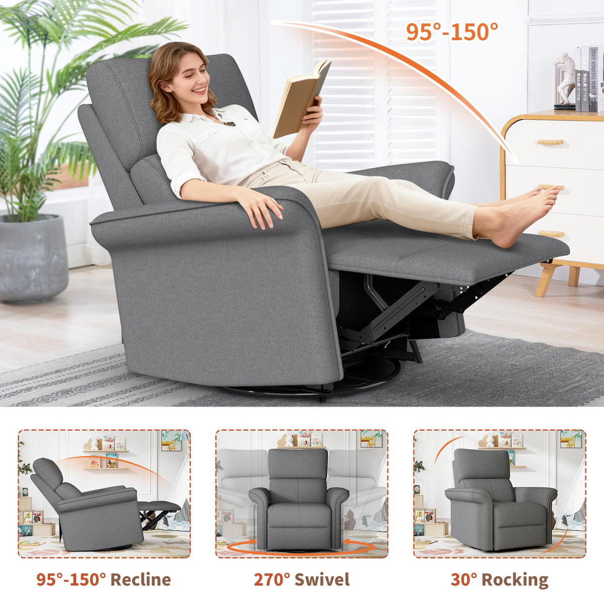 Velvet Grey Swivel Rocker Recliner Chair O7259
