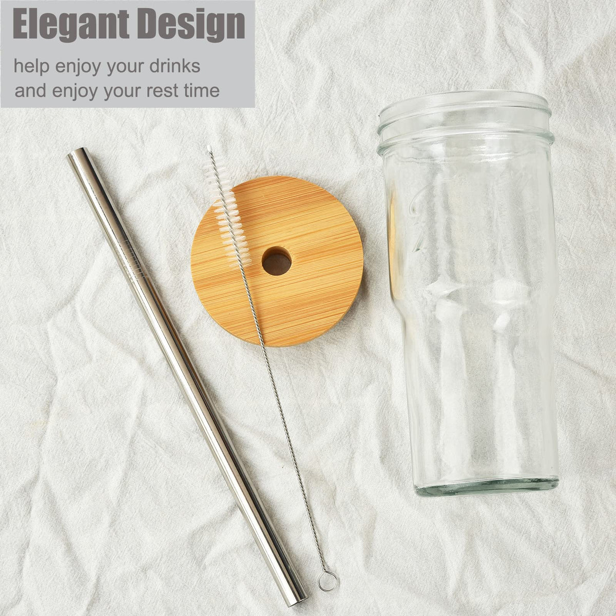4-Pack 24 OZ Glass Cups with Bamboo Lids and Straws J718047