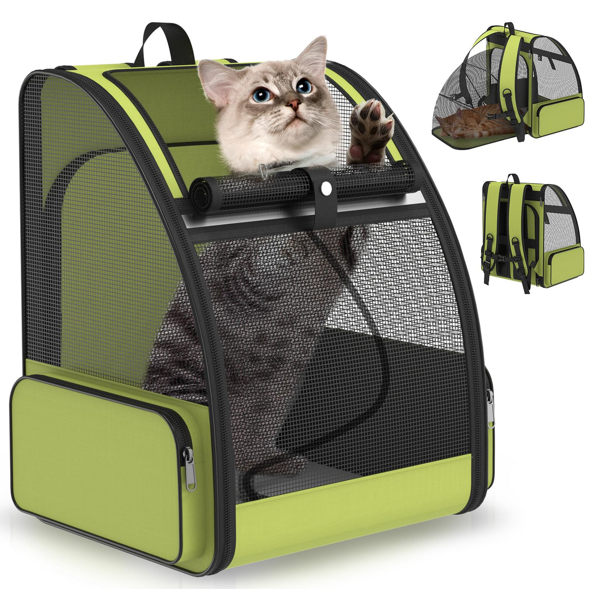 Green Expandable Breathable Mesh Cat Backpack Carrier C360