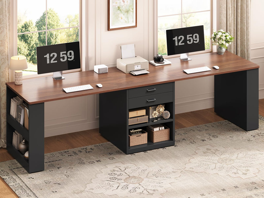 90.5" 2 Person Computer Desk with Storage Drawers Black U54369