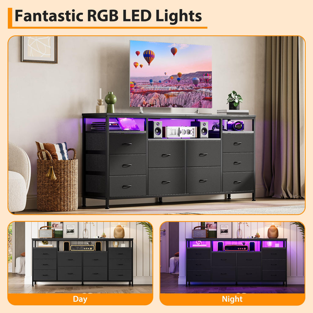 Black 10 Drawer Fabric Dresser with LED Lights & Charging Ports U5041