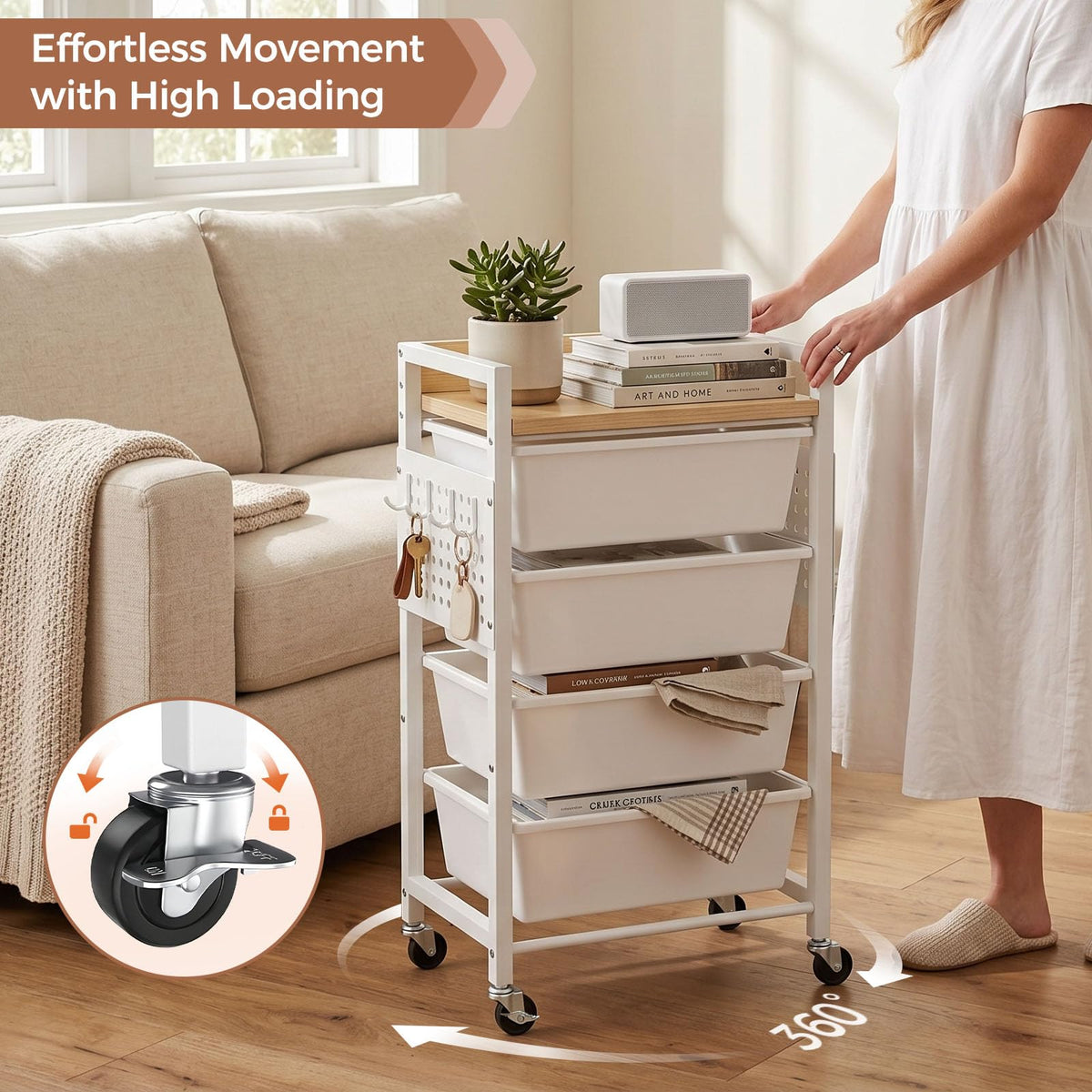 5 Tier Rolling Cart with Drawers, White Y3457