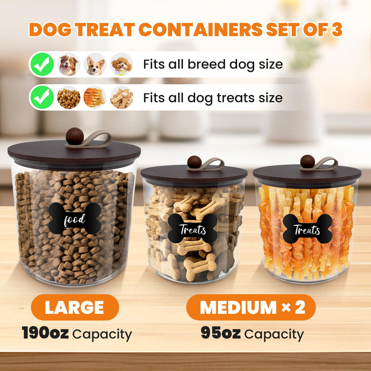 3 Pack Airtight Dog Treat Containers with Bamboo Lids V589368