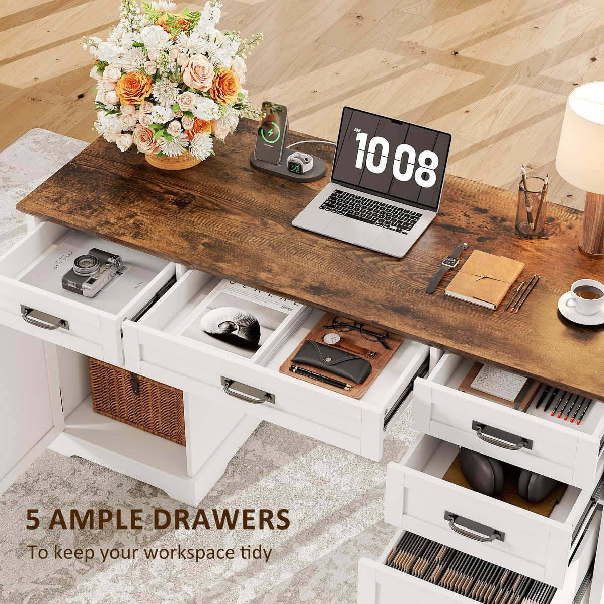 55'' White Farmhouse Desk with Drawers W866663
