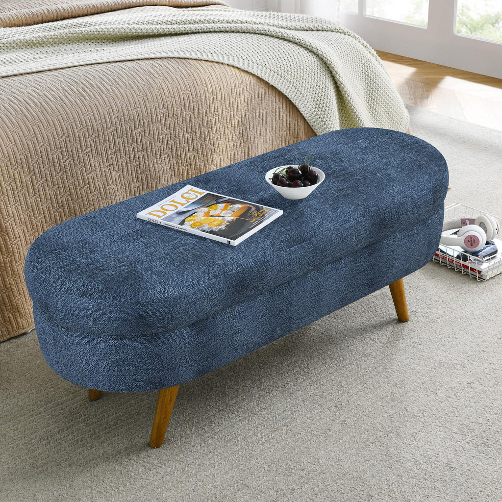 Dark Blue Upholstered Storage Bench with Rubber Wood Legs B8796