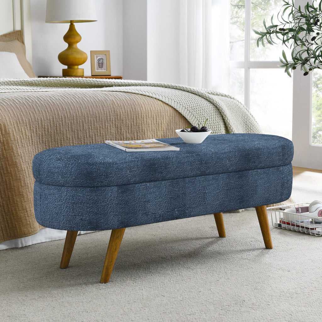 Dark Blue Upholstered Storage Bench with Rubber Wood Legs B8796