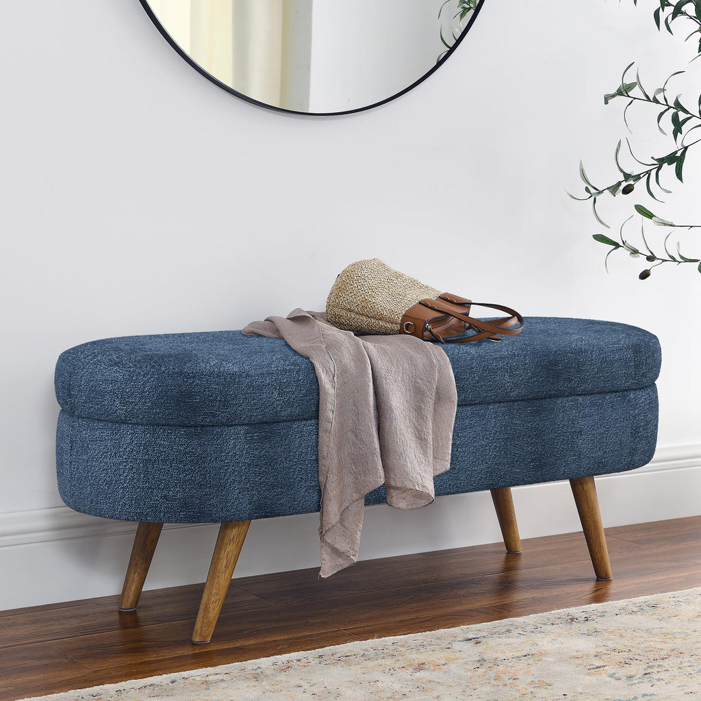 Dark Blue Upholstered Storage Bench with Rubber Wood Legs B8796