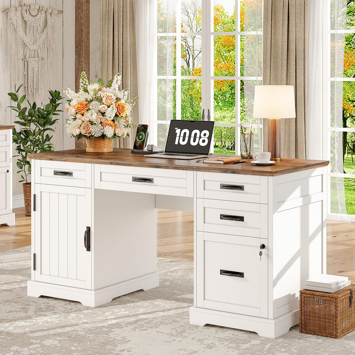 55'' White Farmhouse Desk with Drawers W866663