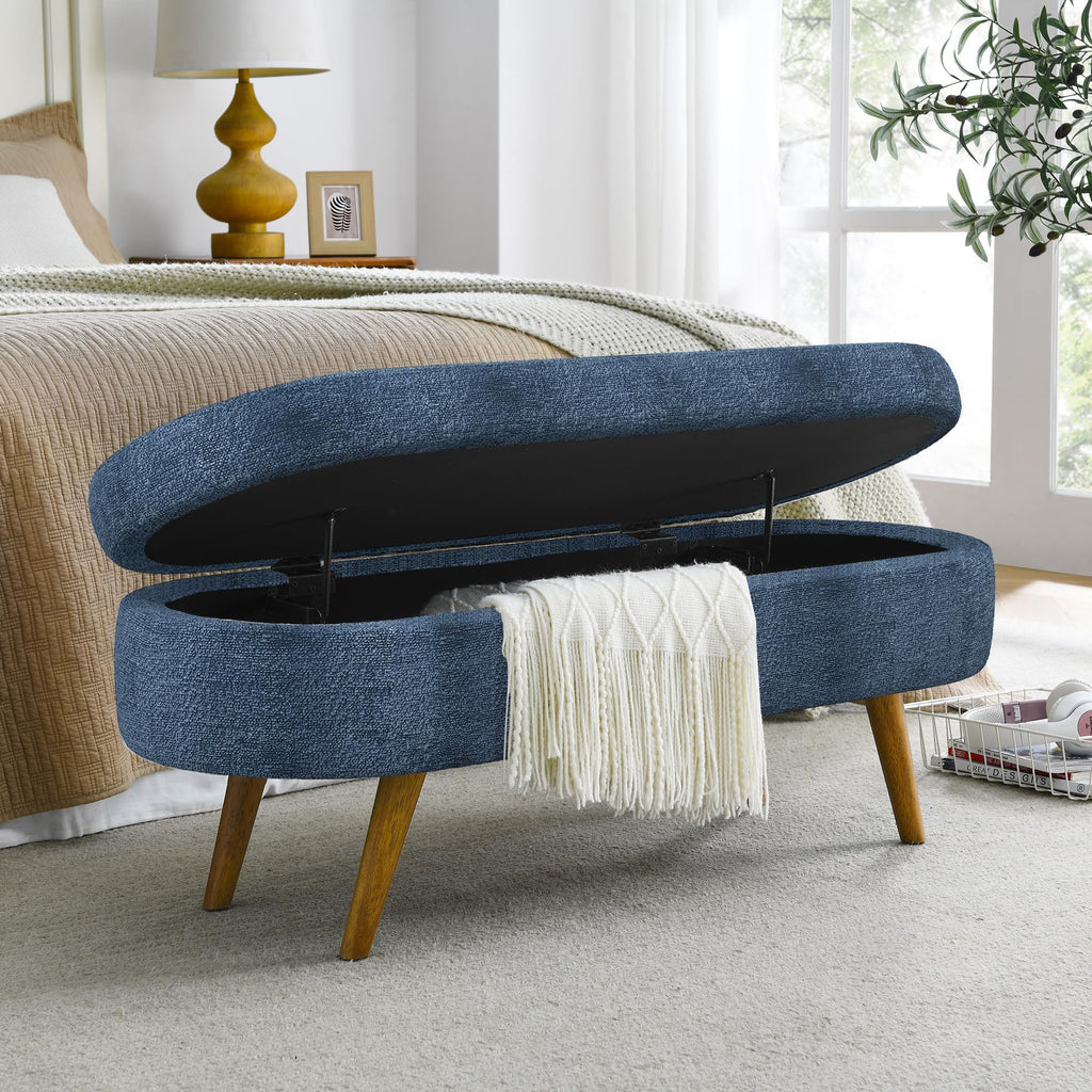 Dark Blue Upholstered Storage Bench with Rubber Wood Legs B8796
