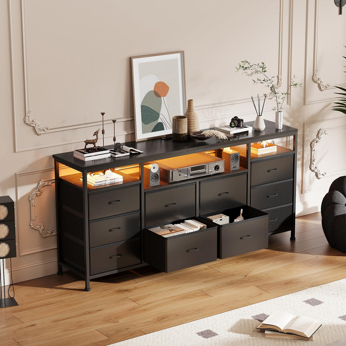 Black 10 Drawer Fabric Dresser with LED Lights & Charging Ports U5041