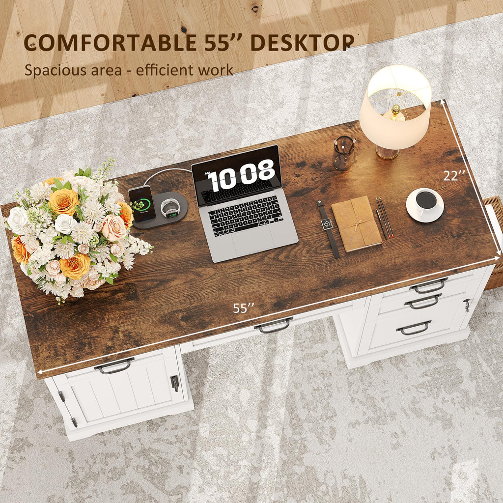 55'' White Farmhouse Desk with Drawers W866663