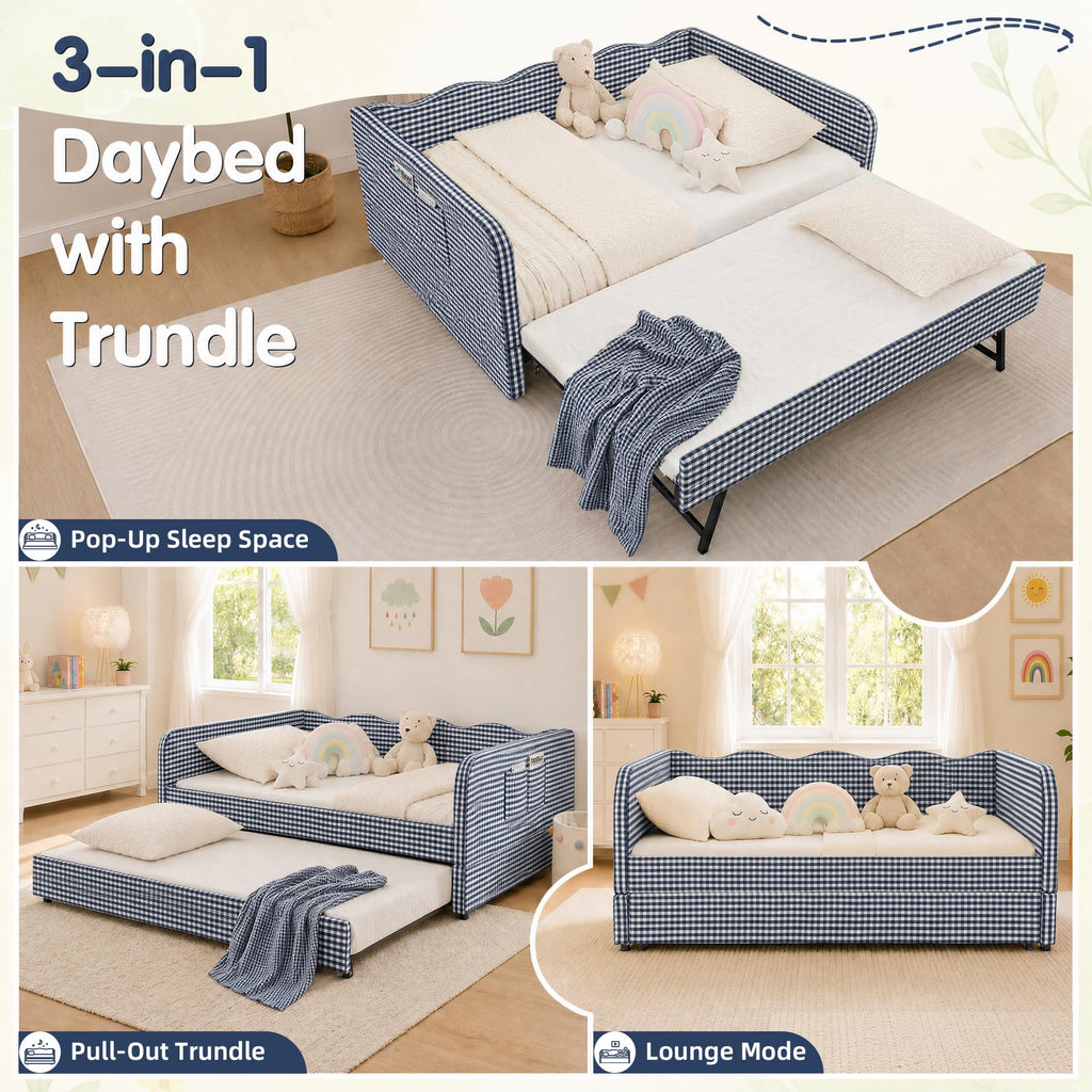 Blue Gingham Twin Daybed with Pop Up Trundle K607