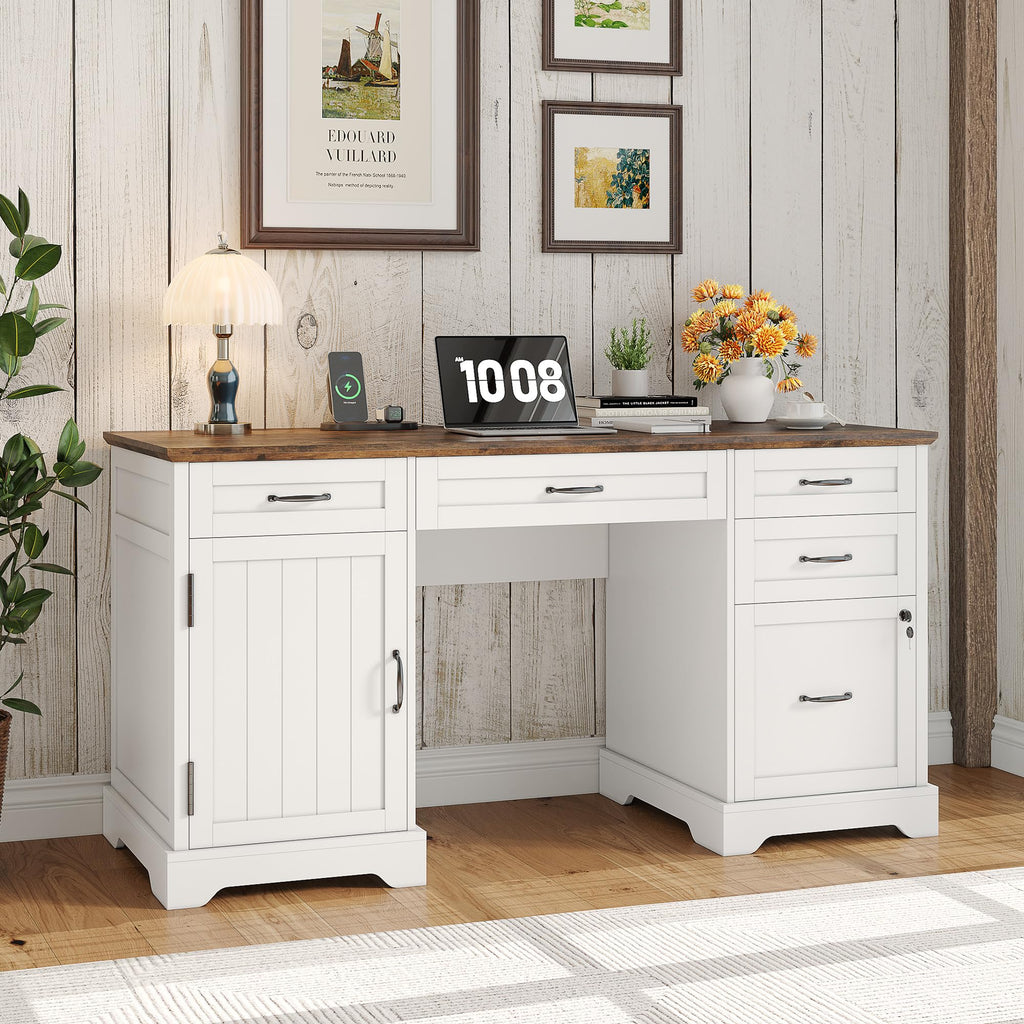 55'' White Farmhouse Desk with Drawers W866663