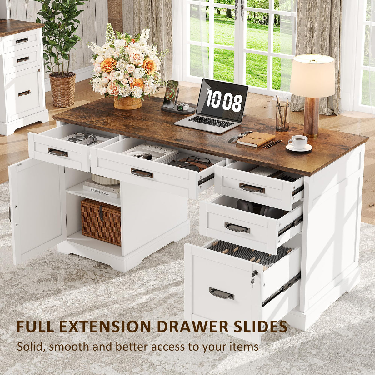 55'' White Farmhouse Desk with Drawers W866663