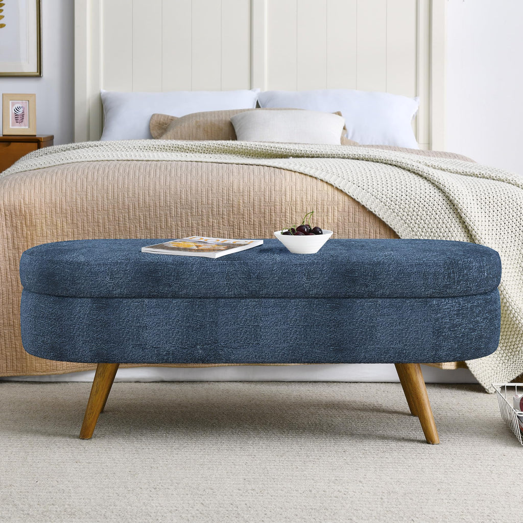 Dark Blue Upholstered Storage Bench with Rubber Wood Legs B8796